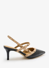 Lorianne Zeena black patent leather slingback pumps with beige straps and gold studs. Pointed toe with buckle fastening.