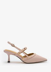 Lorianne Philomena pink calf leather slingback pumps with pointed toe, buckle fastening and stud details.