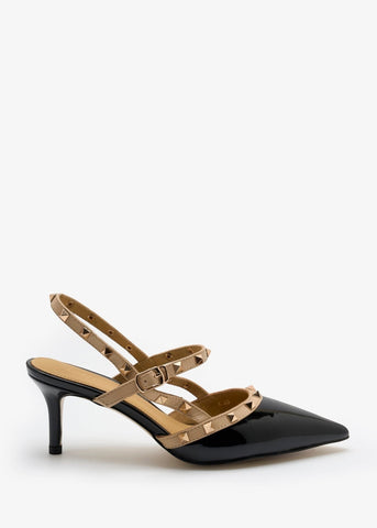 Lorianne Zeena black patent leather slingback pumps with beige straps and gold studs. Pointed toe with buckle.