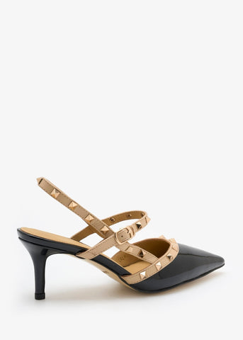 Lorianne Zeena black patent leather slingback pumps with beige straps and gold studs. Pointed toe with buckle fastening.
