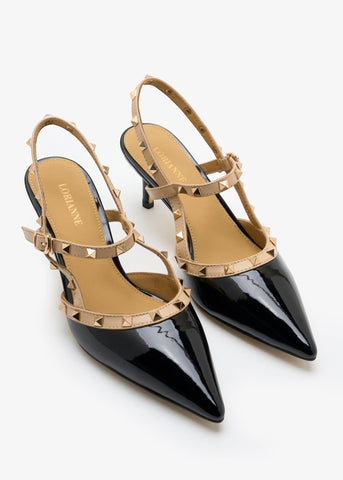 Lorianne Zeena black patent leather slingback pumps with beige straps and gold studs, pointed toe, buckle fastening.