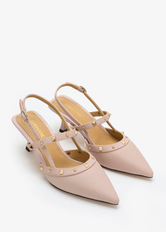 Lorianne Philomena pink calf leather pointed-toe slingback pumps with gold stud detail and buckle fastening.
