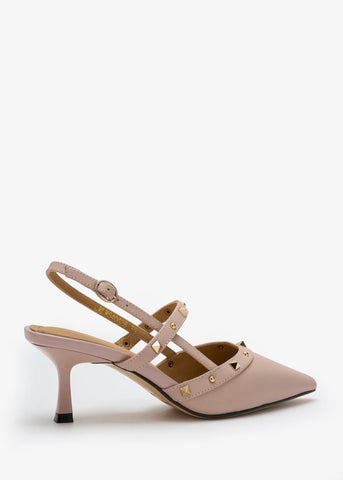 Lorianne Philomena pink calf leather pointed-toe slingback pumps with buckle fastening and gold stud details.