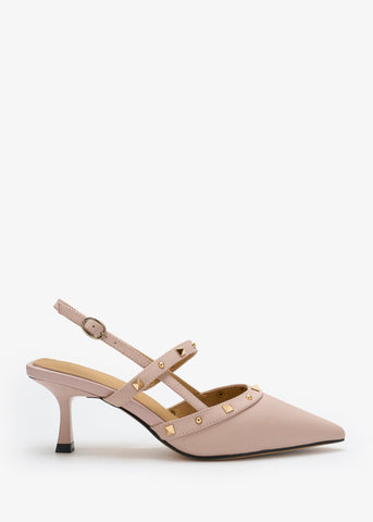 Lorianne Philomena pink calf leather slingback pumps with pointed toe, buckle fastening and stud details.