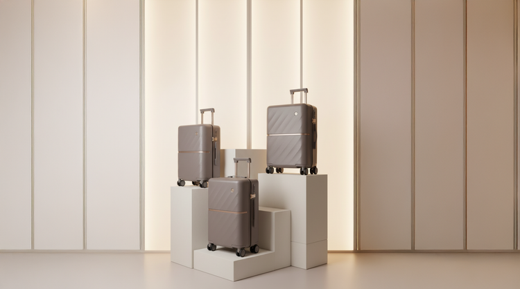 Three suitcases on a white platform against a neutral wall