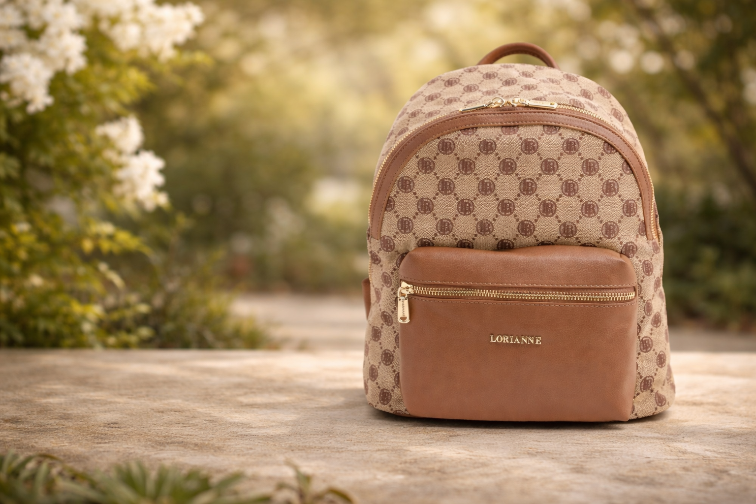 Beige and brown checkered backpack with visible brand name on a wooden surface with a blurred natural background